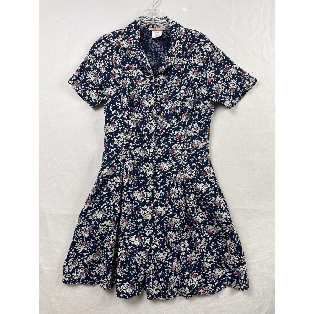 Vintage Y2k Esprit Floral Button Front Dress Womens 9/10 Navy Blue Rayon